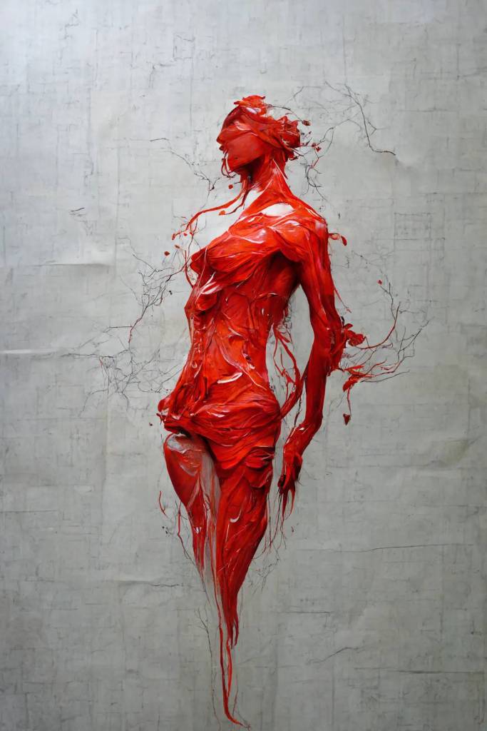 在一个女性的形状上滴下红色颜料