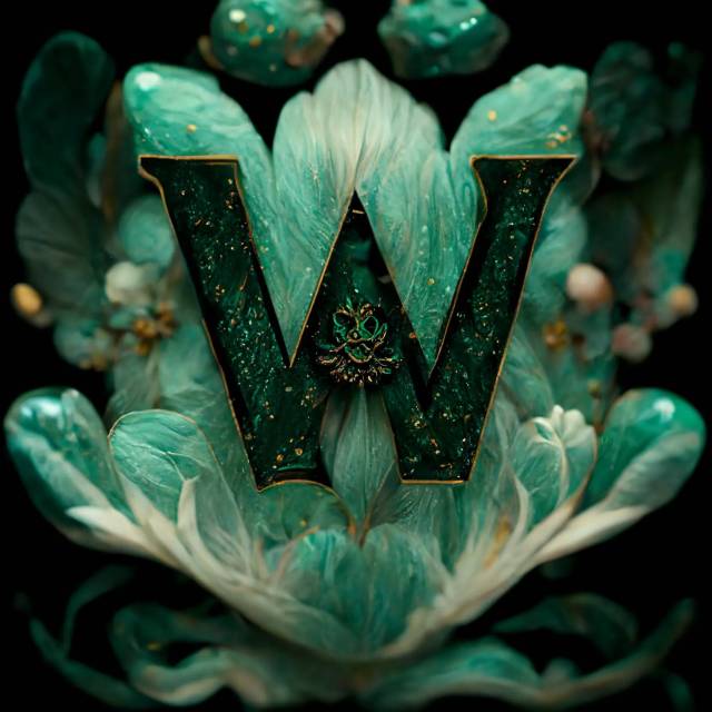 带有华丽的花卉和植物的细节绿宝石字母 “W”