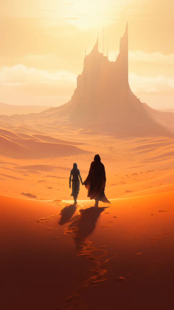 两个人物在空旷的沙漠中行走