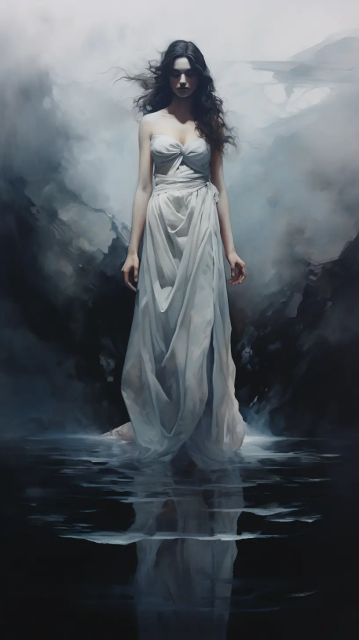 身着白色长裙的神秘女子被悬挂在水域上空