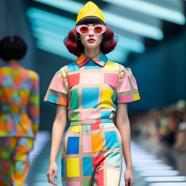 Fashion model full view in a colorful costume at milan fashion week show