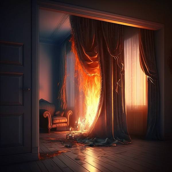 客厅火灾和燃烧的窗帘