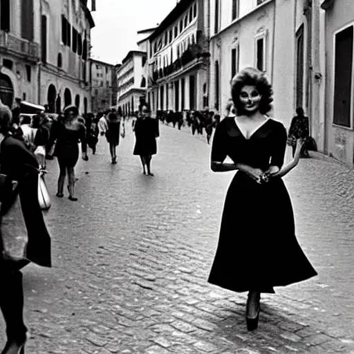 身着黑色礼服的索菲亚-罗兰走在罗马街头
