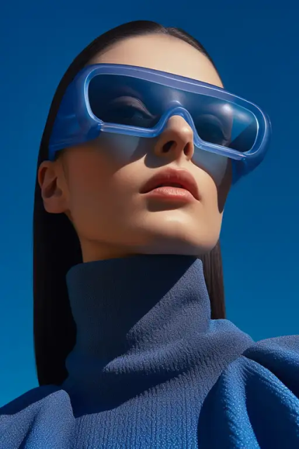 深蓝色半透明未来派太阳镜时尚拍摄