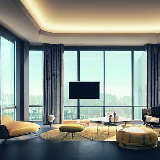 俯瞰未来派大城市的公寓客厅