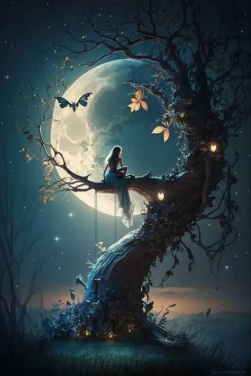 坐在树上看月亮的小仙女