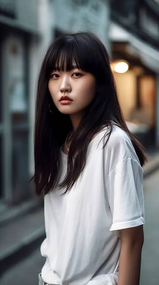 在街上穿着超大的时尚白色T恤的漂亮的韩国女孩