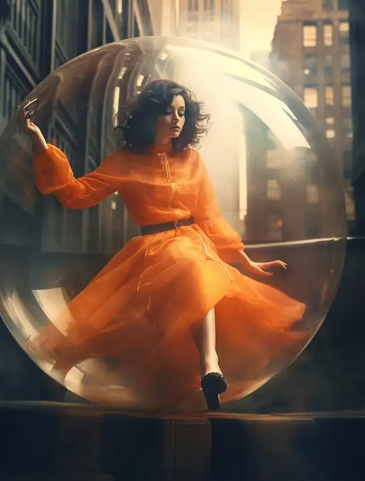 穿着橙色裙子的女人在气泡中飞行