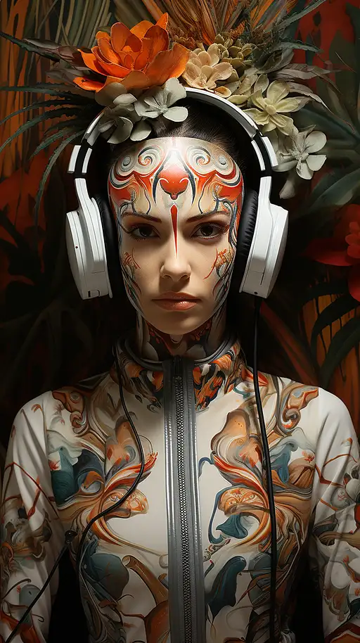 视错觉人体艺术风格树脂纹理戴着耳机的女人
