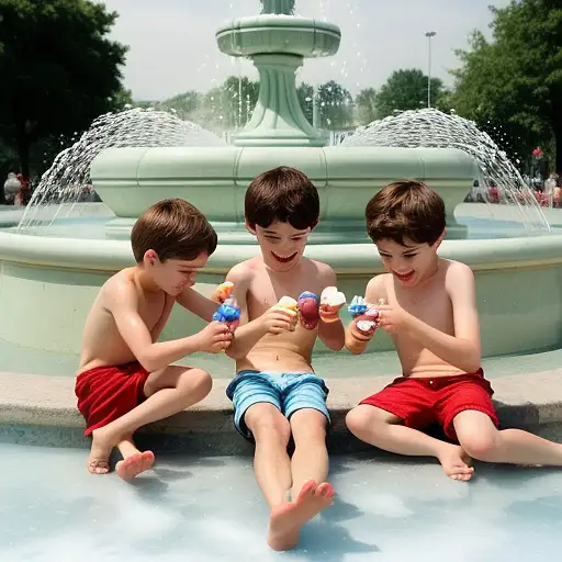 喷泉边上吃冰淇淋的小男孩们