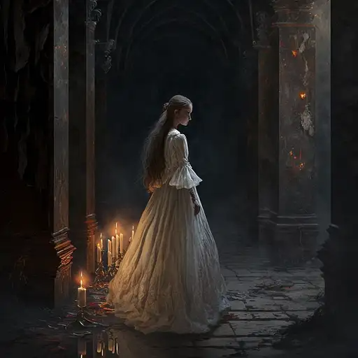 身处恐怖的黑暗城堡中白色长裙女孩