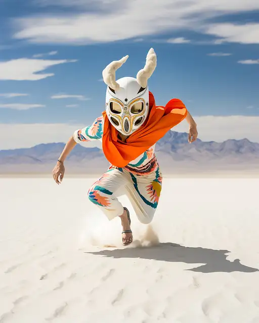 戴着面具在沙漠中奔跑的外星人