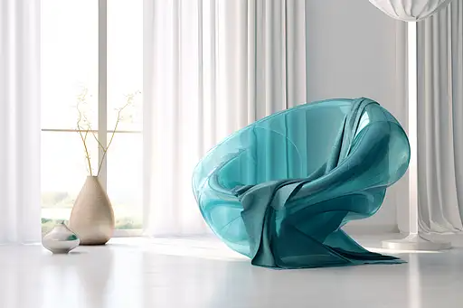 白色客厅中的极简绿松石雕塑泡泡椅