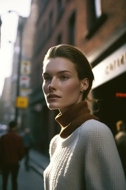 年轻女子身着拉夫-劳伦毛衣的街头时尚照片