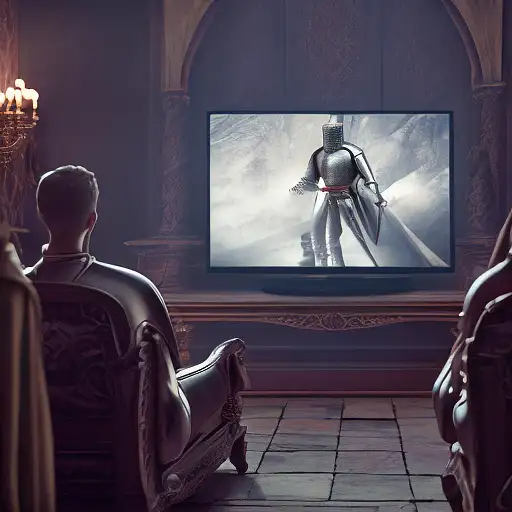 骑士在城堡里看电视的照片