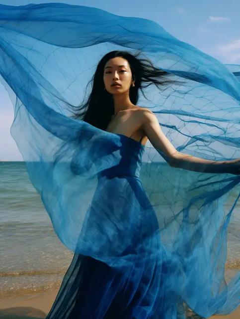 海滩上的蓝裙女子