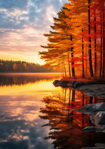一幅秋叶铺满平静池塘照片