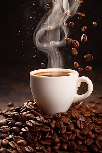 烘焙咖啡豆背景上的浓缩咖啡杯
