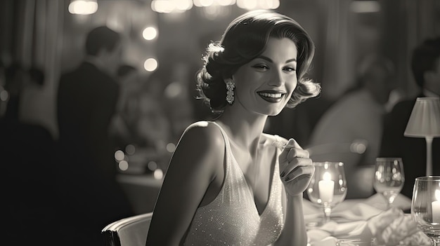 身着白色连衣裙的美丽优雅的女士坐在晚宴上谈笑风生